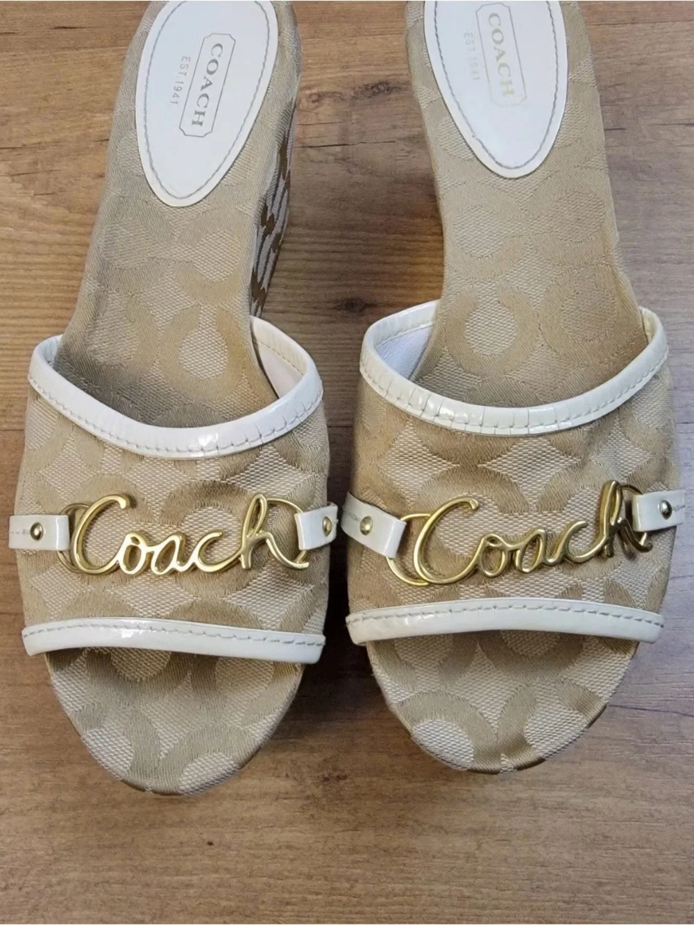 Coach Beige & Cream Signature Logo Wedge Slides